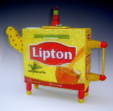 Lipton Tea Pot Linda Dolack Glass Beads Swarovski Rhinestones Vintage Jewelry Sculpture Mixed Media Art