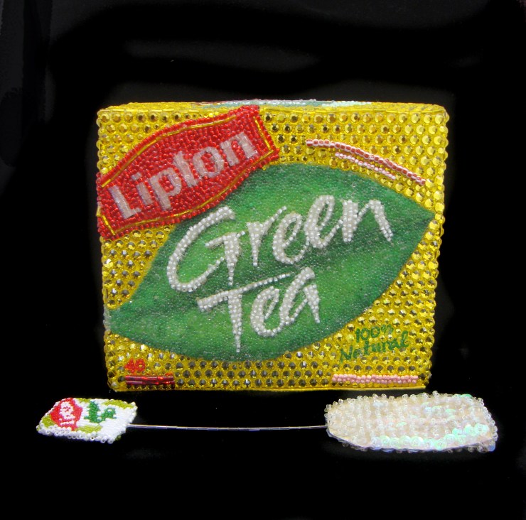 Lipton with Tea Bag Linda Dolack Glass Beads Swarovski Rhinestones Sculpture Mixed Media Art