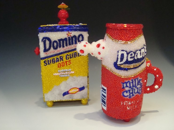 Domino Dots Sugar Bowl
Dean’s Milk Creamer Linda Dolack Glass Beads Swarovski Rhinestones Sculpture Mixed Media Art