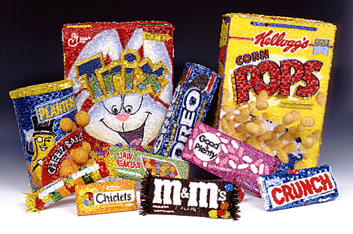 Planters Cheez Balls Trix Cereal Oreo Cookies Kellogg's Corn Pops Oreo Cookies Jaw Breakers Lifesavers Chiclets M&Ms Nestle's Crunch Good & Plenty Linda Dolack Assorted Sweets Food Sculpture Glass Beads Hand Sewn Mixed Media Art